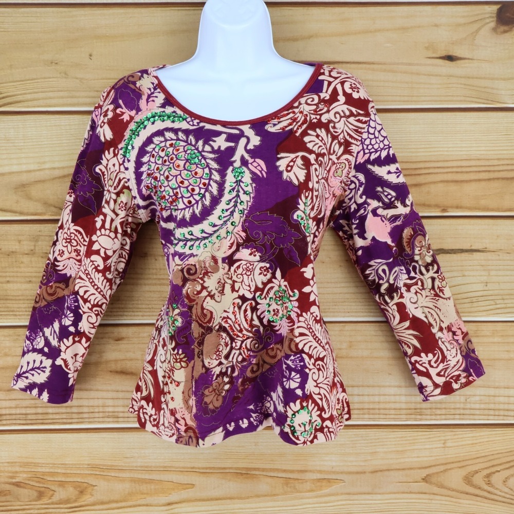 Jane Ashley‎ Cropped Shirt 3/4 Sleeves Womens Size PL Multicolor Paisley Sequins
